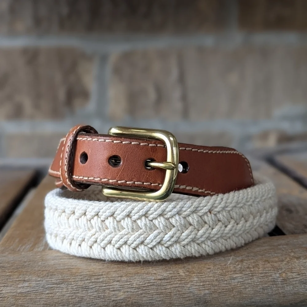 VTG 80s Eddie Bauer Woven Braided Rope Belt Medium Leather Brass Nautical